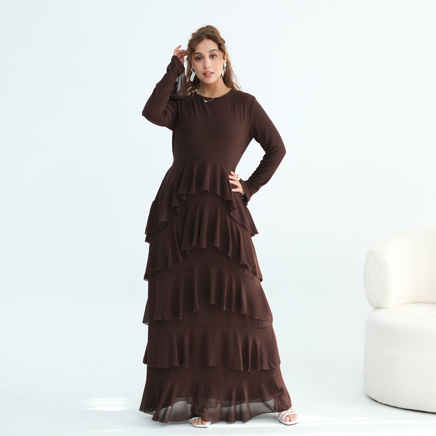 Premium Double-Layer Chiffon Ruffle Abaya | Elegant Maxi Dress