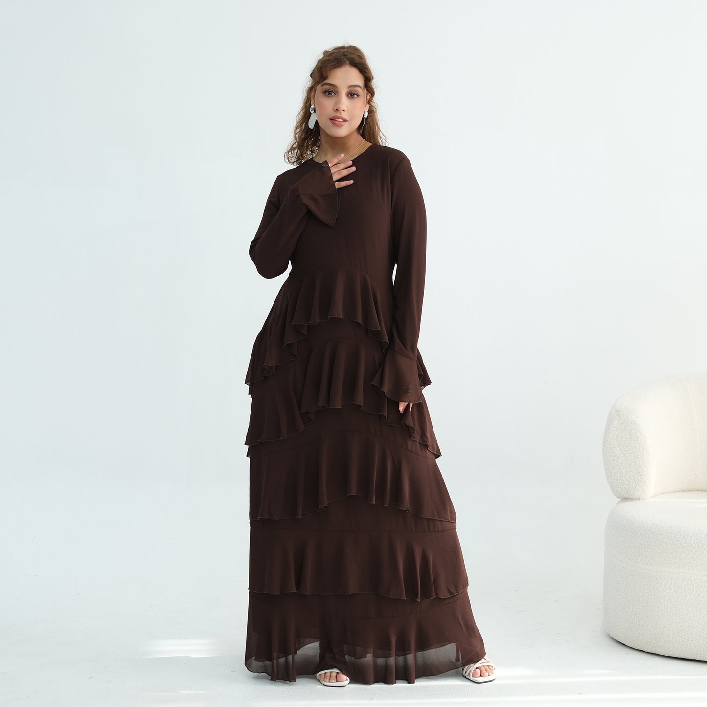 Premium Double-Layer Chiffon Ruffle Abaya | Elegant Maxi Dress
