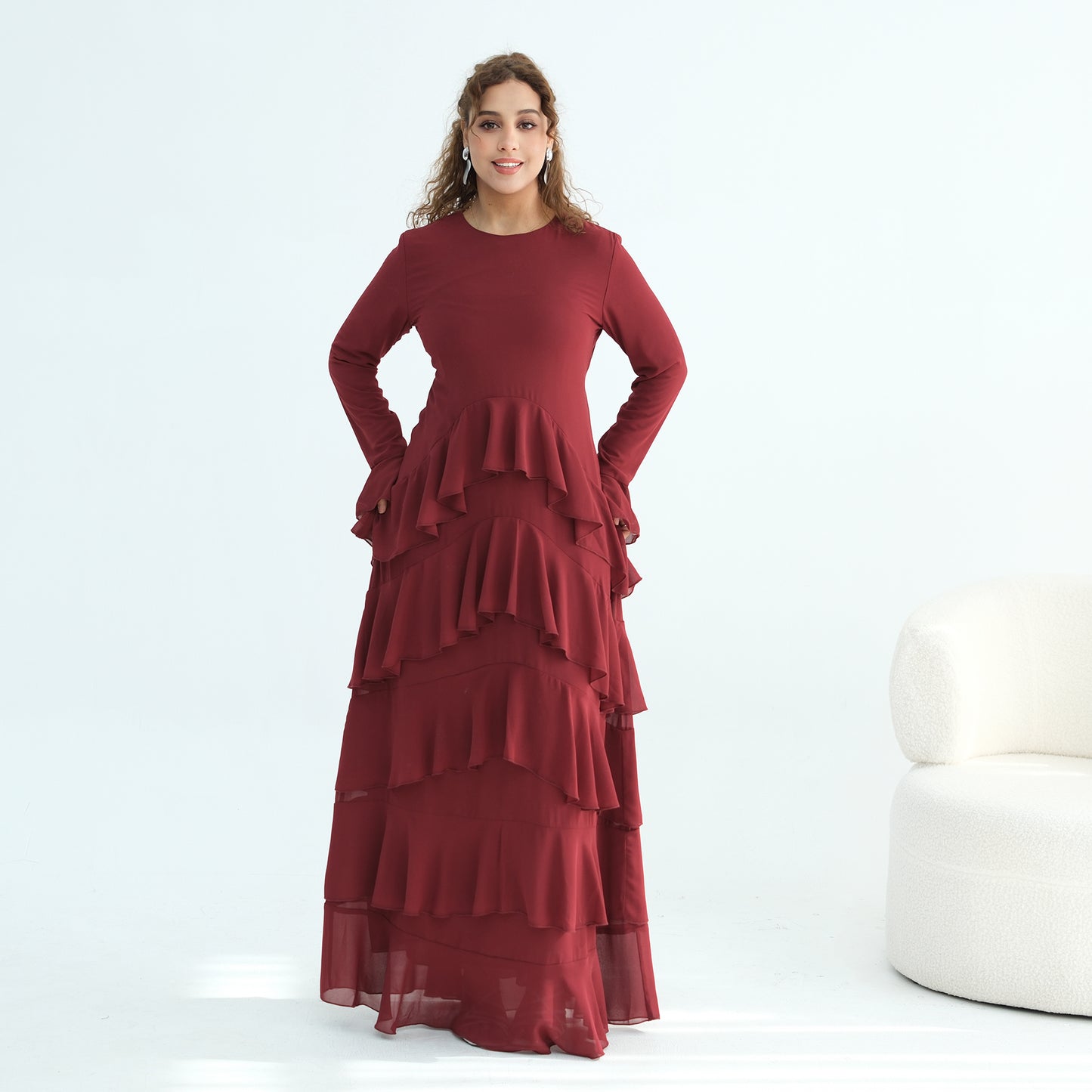 Premium Double-Layer Chiffon Ruffle Abaya | Elegant Maxi Dress