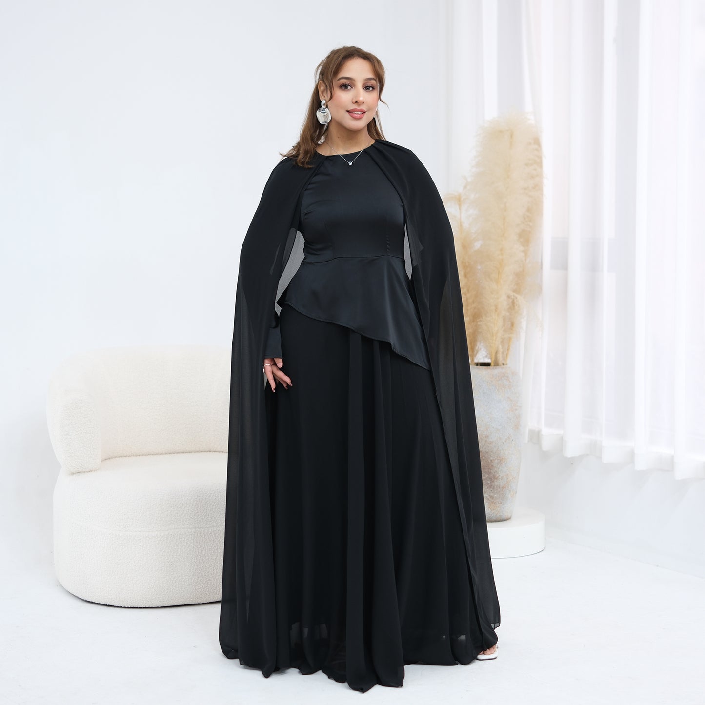 Ramadan Elegant Abaya with Sheer Cape Sleeves – Modest Evening Dress