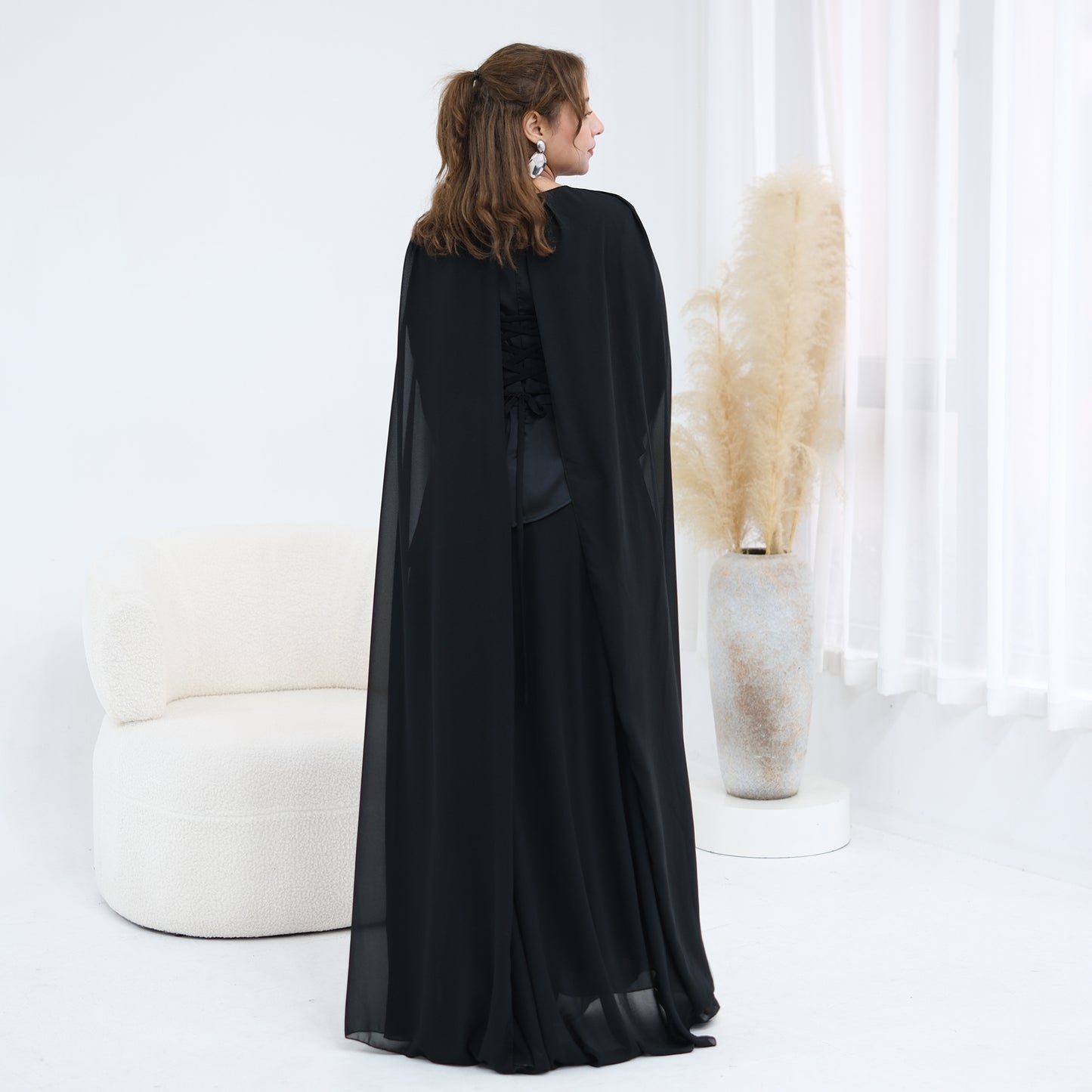Ramadan Elegant Abaya with Sheer Cape Sleeves – Modest Evening Dress