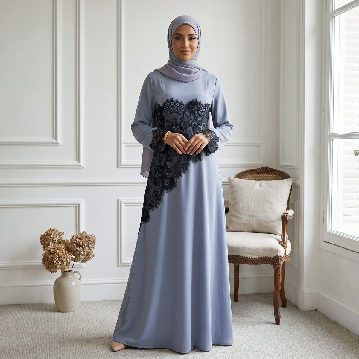 SERAYA Asymmetrical Lace Abaya