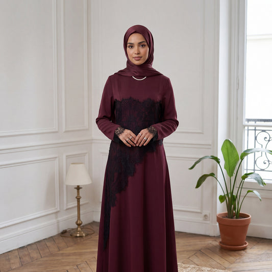 Asymmetrical Lace Nida Abaya – Elegant Modest Maxi Dress
