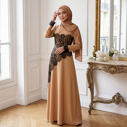Asymmetrical Lace Nida Abaya – Elegant Modest Maxi Dress