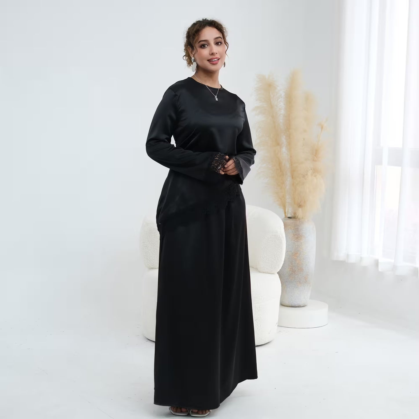 Satin Lace Hem Modest Blouse with Waist Tie