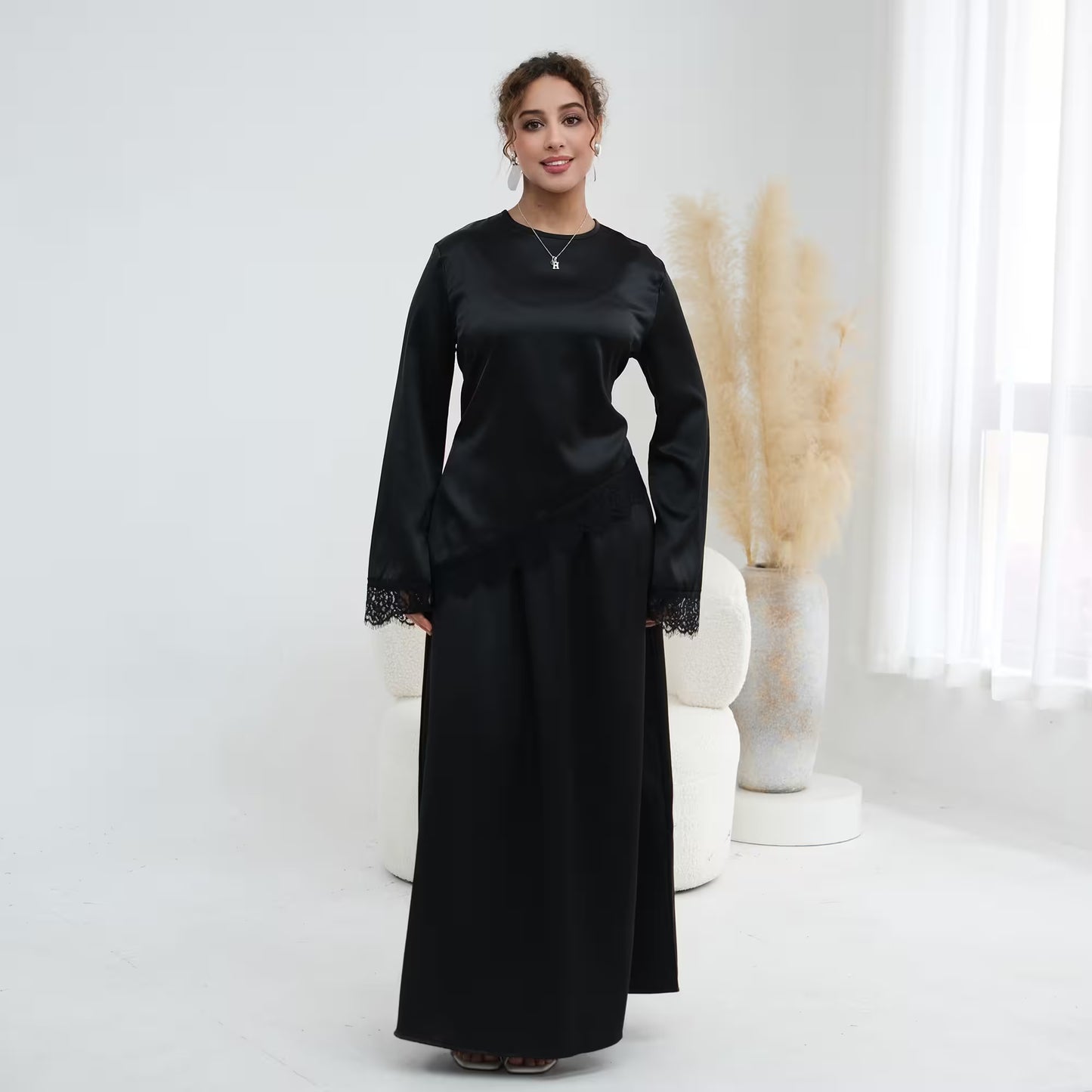 Satin Lace Hem Modest Blouse with Waist Tie