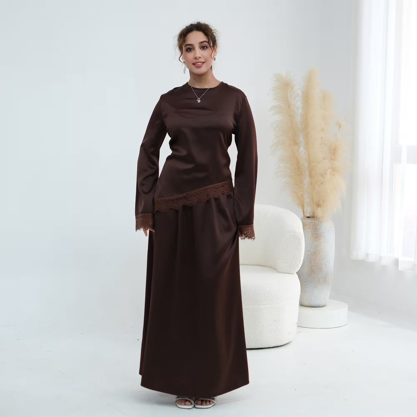 Satin Lace Hem Modest Blouse with Waist Tie