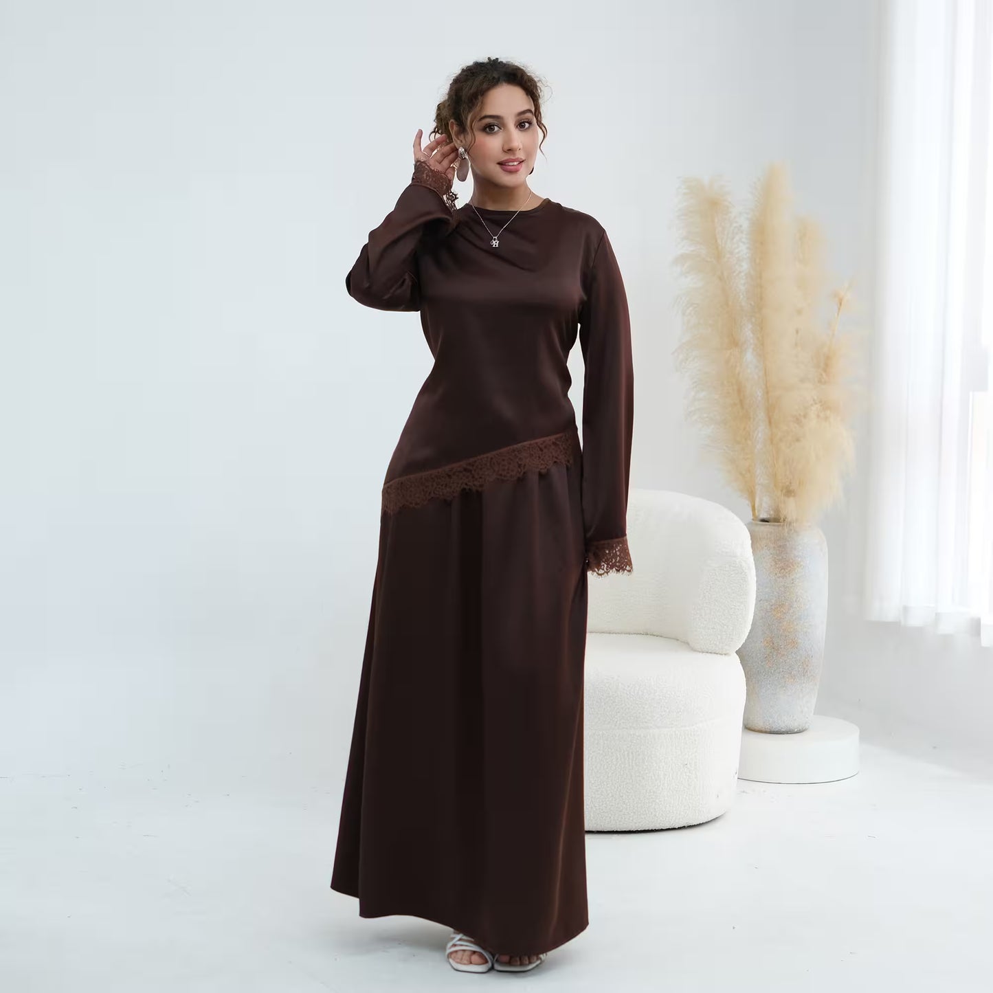 Satin Lace Hem Modest Blouse with Waist Tie