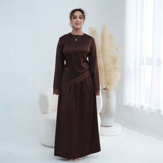 Satin Lace Hem Modest Blouse with Waist Tie