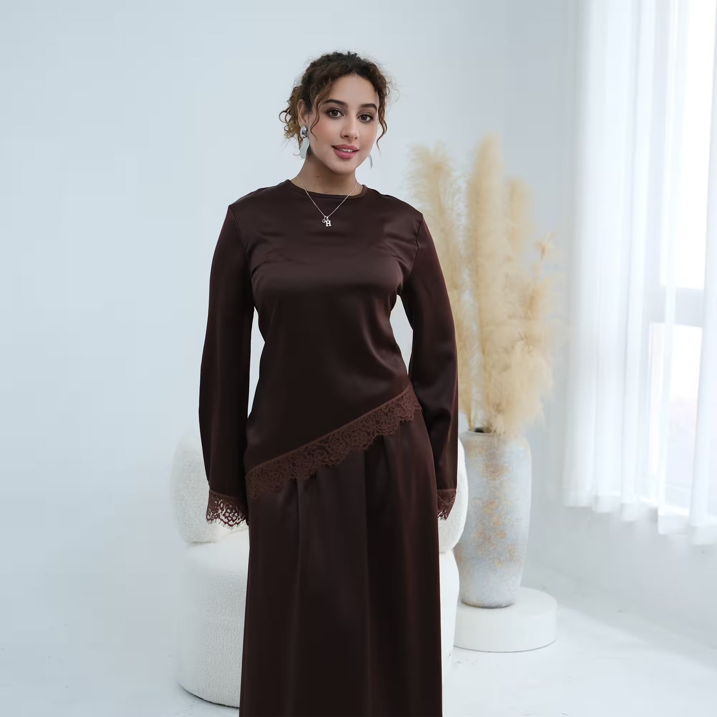 Satin Lace Hem Modest Blouse with Waist Tie