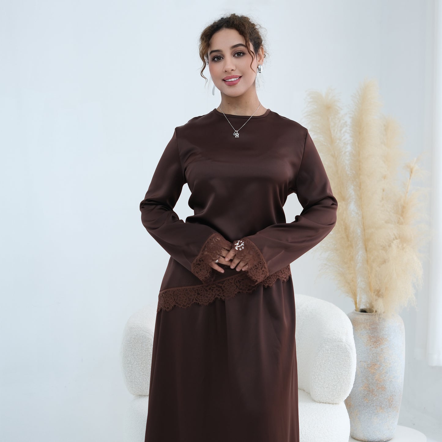 Satin Lace Hem Modest Blouse with Waist Tie