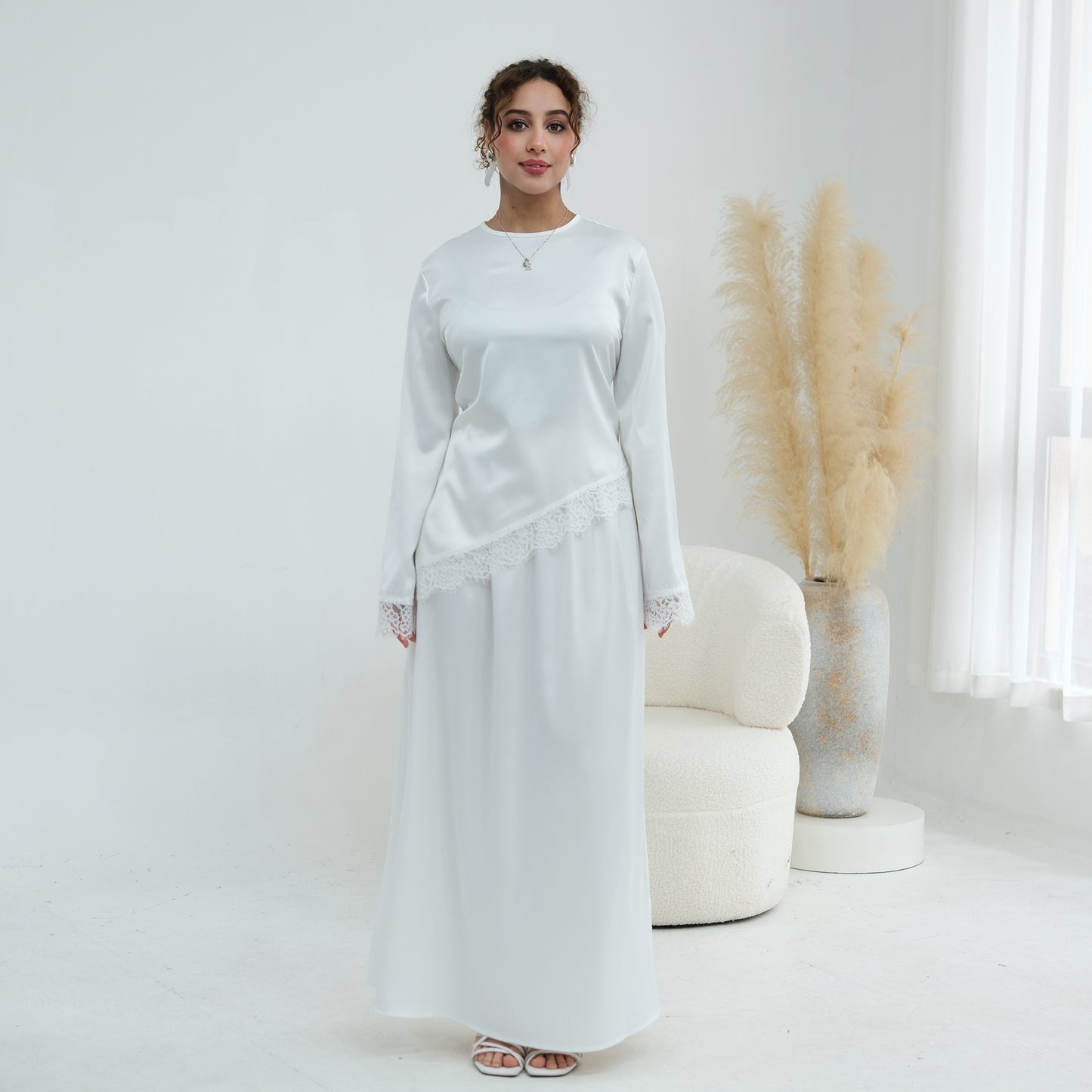 Satin Lace Hem Modest Blouse with Waist Tie