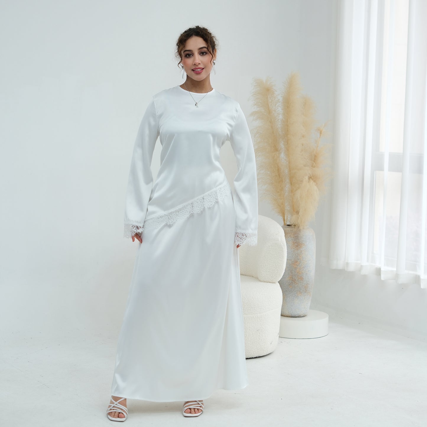 Satin Lace Hem Modest Blouse with Waist Tie