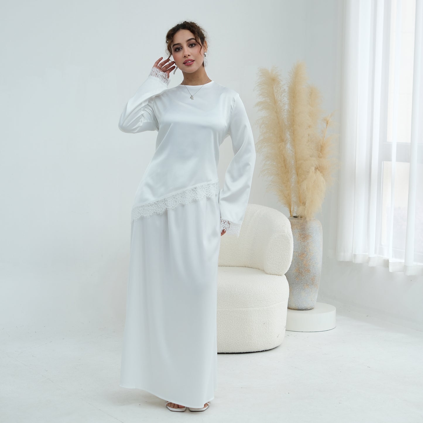 Satin Lace Hem Modest Blouse with Waist Tie