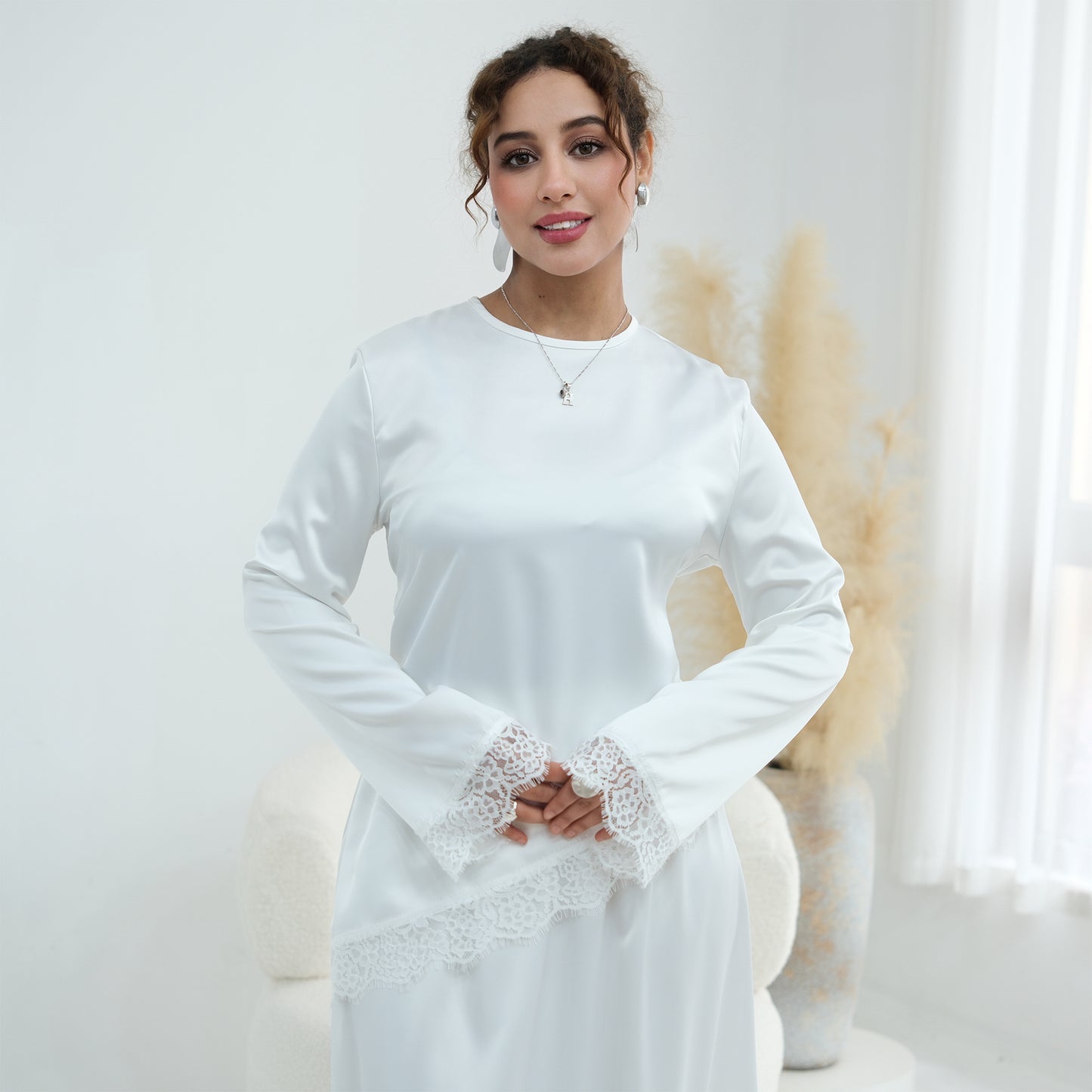 Satin Lace Hem Modest Blouse with Waist Tie