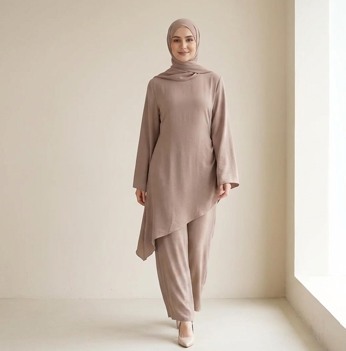 Modern Modest 2-Piece Set – Irregular Tunic & Wide-Leg Pants