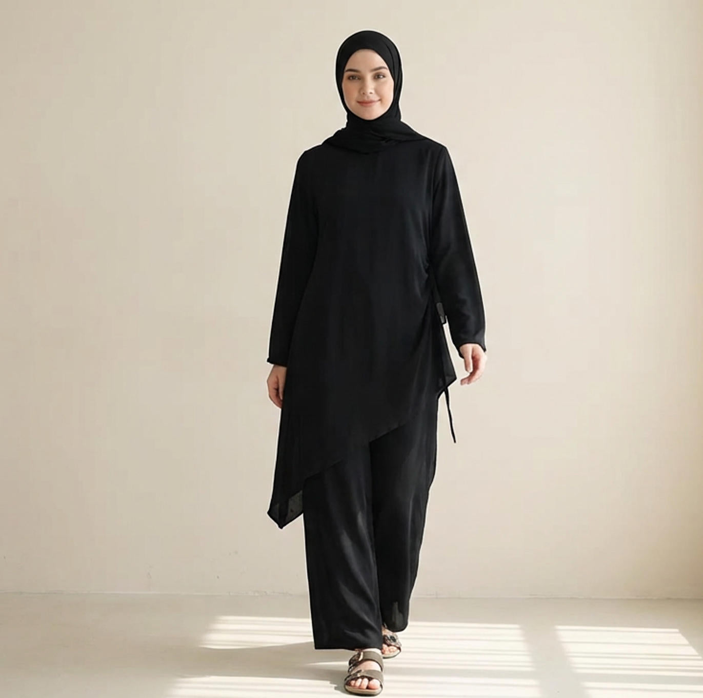 Modern Modest 2-Piece Set – Irregular Tunic & Wide-Leg Pants