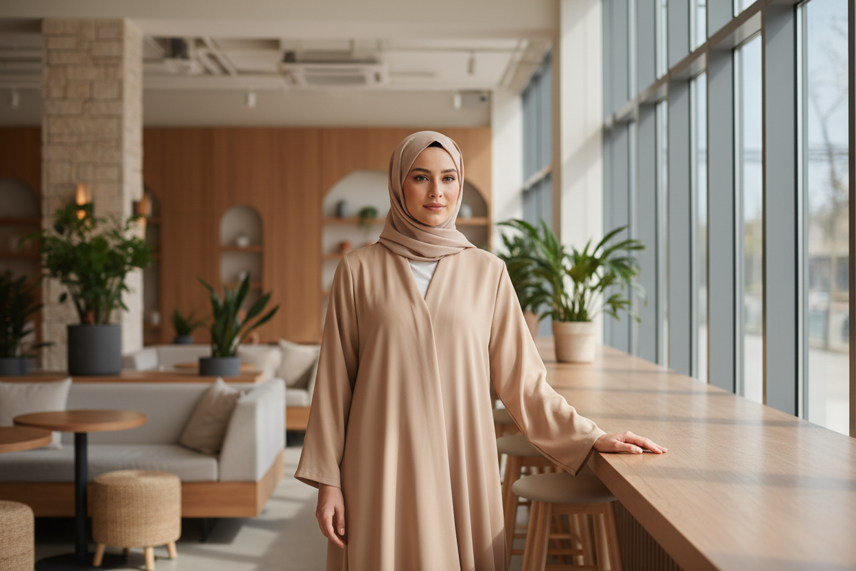 A lifestyle fashion hero banner for a modest Muslim women's abaya brand.
One Muslim woman wearing a simple, elegant abaya in a real-life setting.
Natural daylight, soft shadows, calm and warm atmosphere.
The woman looks relaxed and confident, natural pose, minimal makeup.
Background like a modern home, cafe, or quiet outdoor walkway.
Focus on comfort, modesty, and everyday elegance.
No text, no logo, no watermark.
Ultra realistic photography, high clarity, wide horizontal banner.
