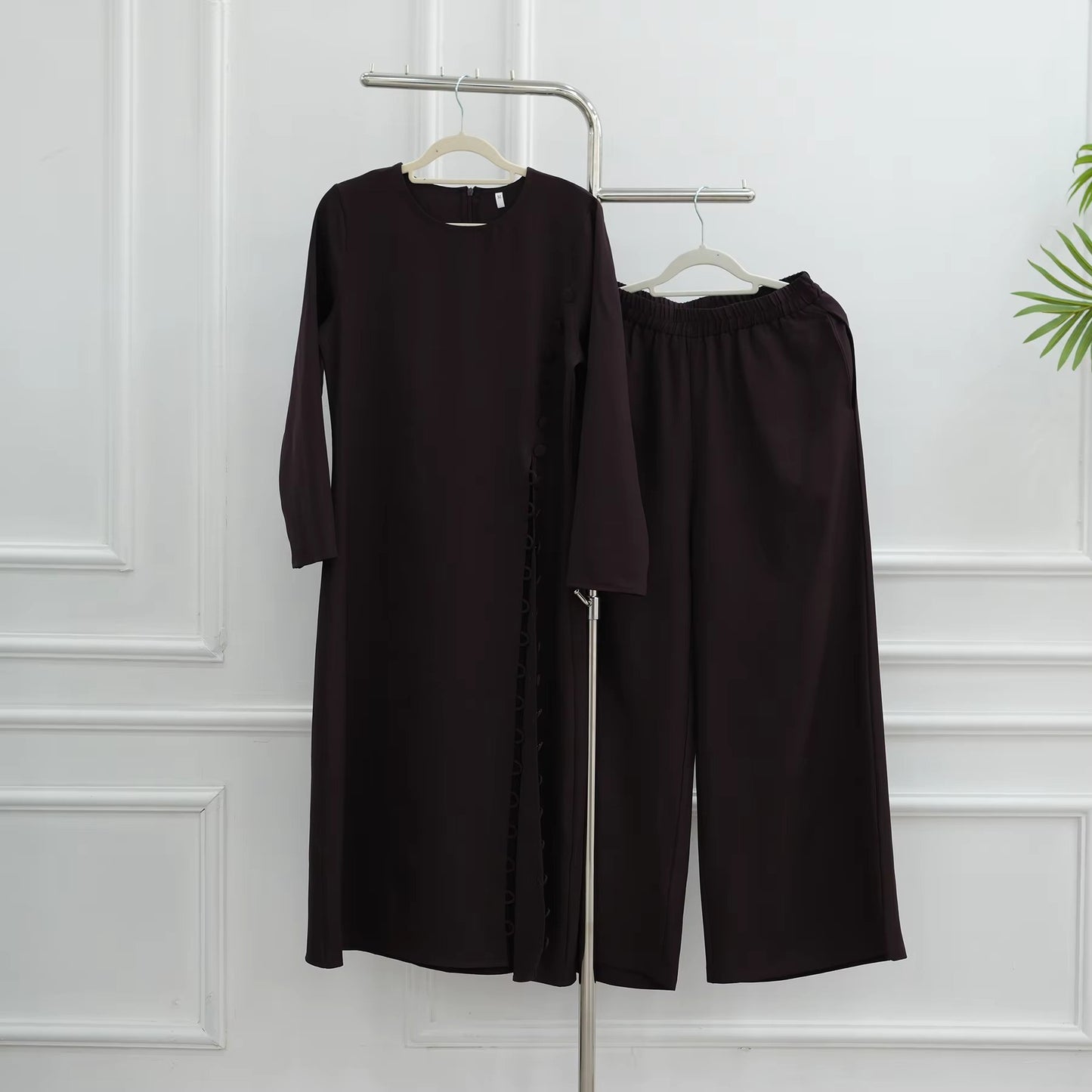 Two-Piece Abaya Set – Women Muslim Modest Eid Dress | Button Top & Pants