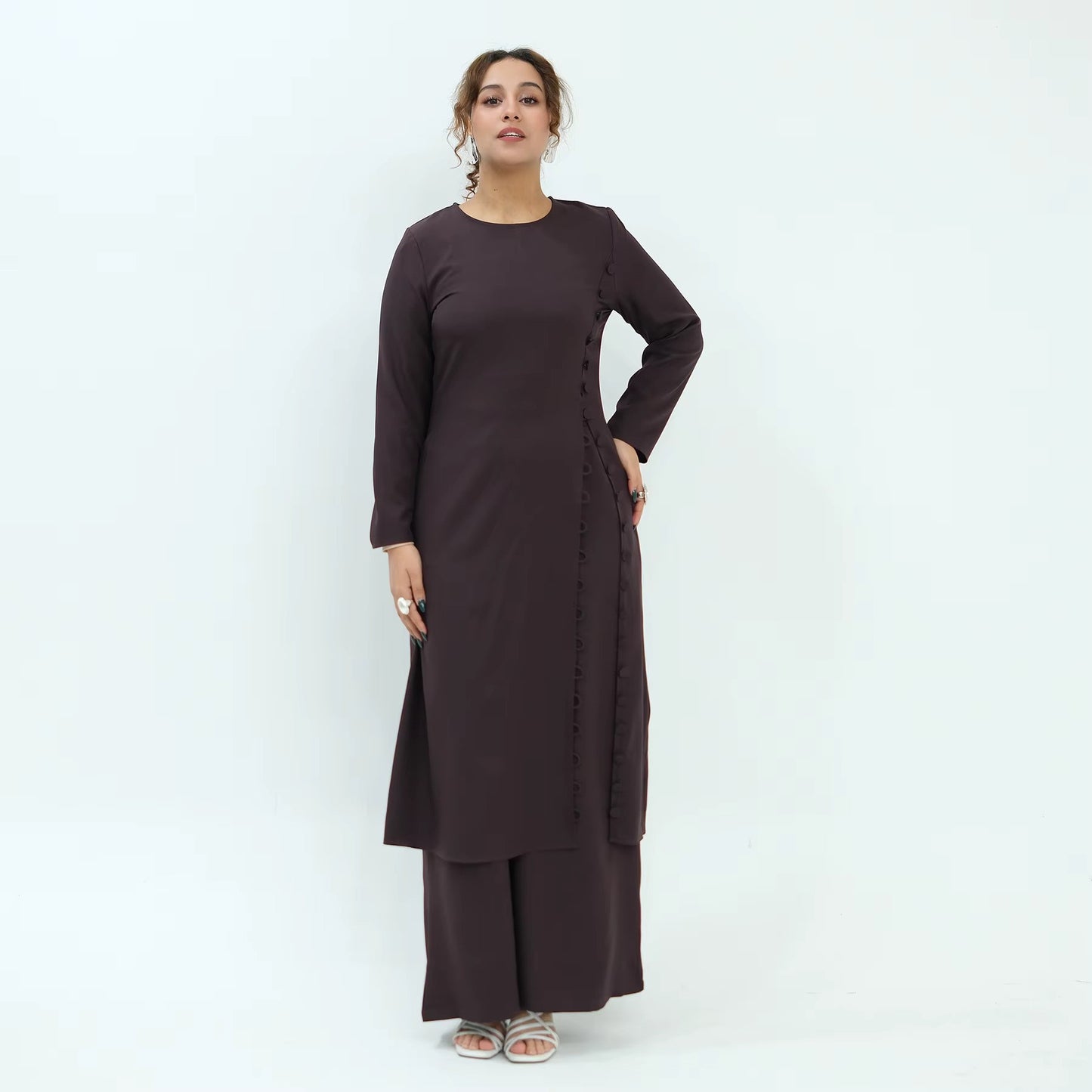 Two-Piece Abaya Set – Women Muslim Modest Eid Dress | Button Top & Pants