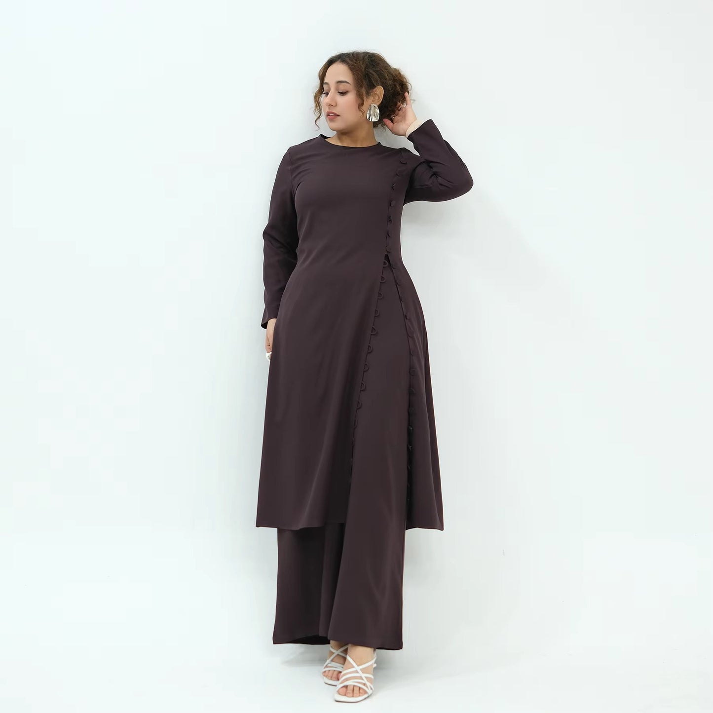 Two-Piece Abaya Set – Women Muslim Modest Eid Dress | Button Top & Pants