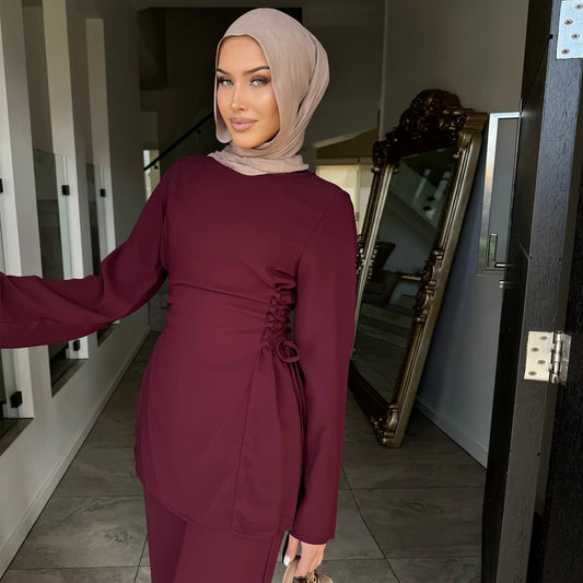 Abaya 2 Piece Set – Women Muslim Modest Long Top & Pants Eid Wear